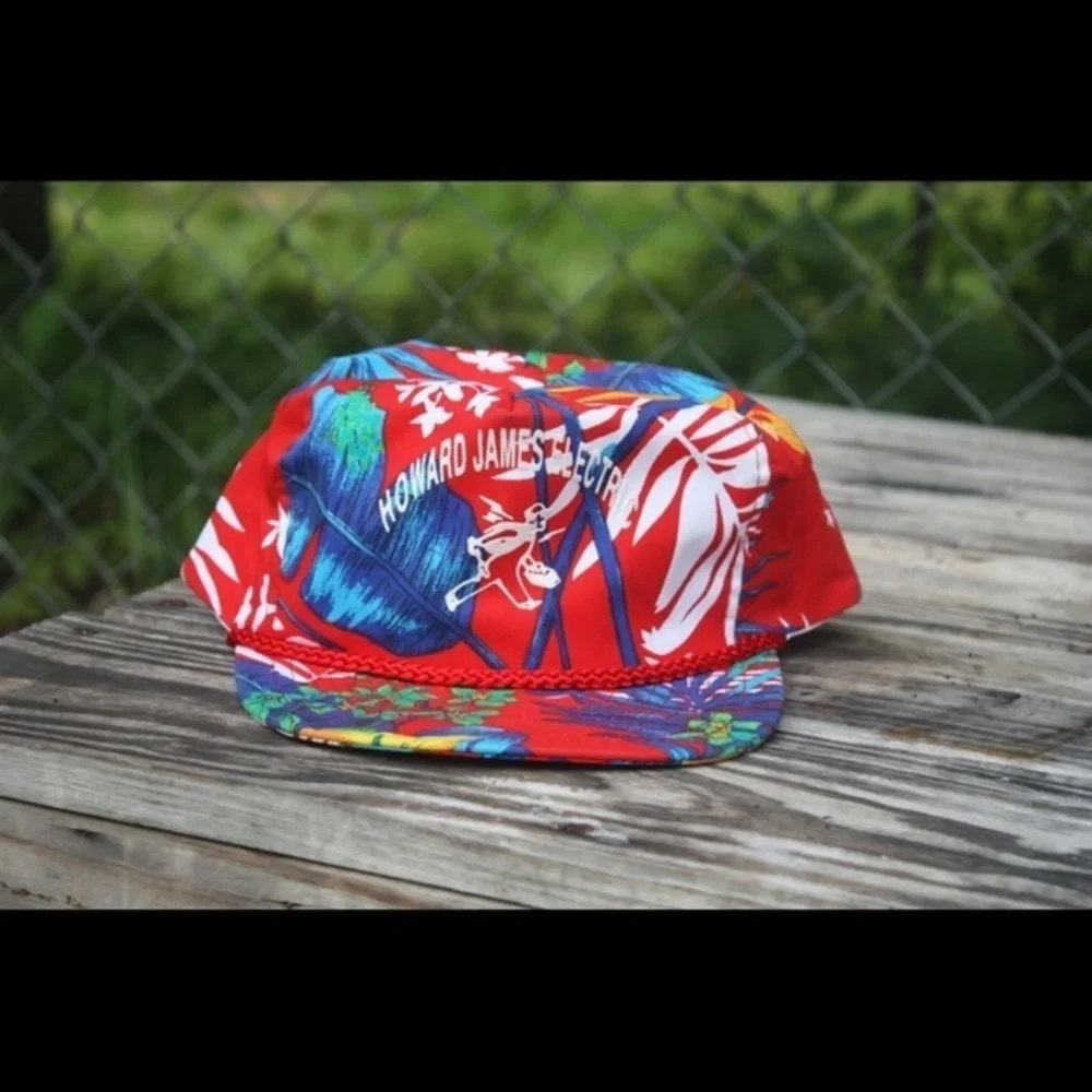 Vintage Nissin Red Hawaiian Hat Howard James Electric‎ Logo Trucker Rope Hat